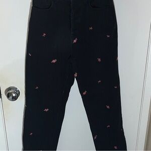 PacSun Black Denim Jeans w/ Pink Floral Embroidery Button Fly 24” W